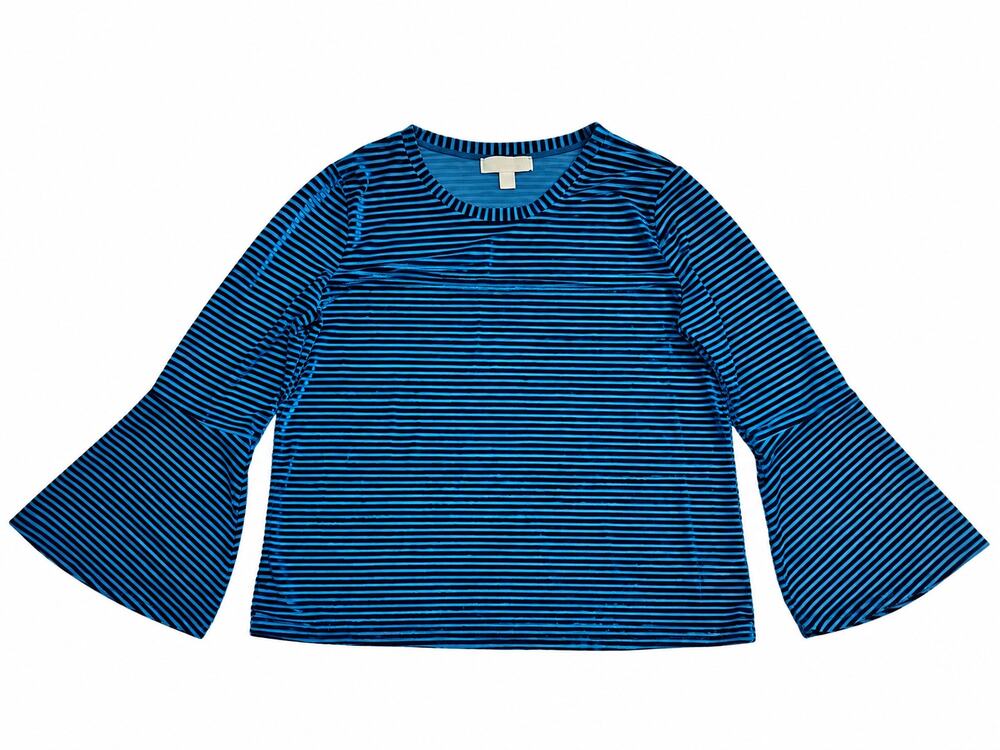 Michael Kors XXL Blue Striped Velvet Burnout Bell Sleeve Top